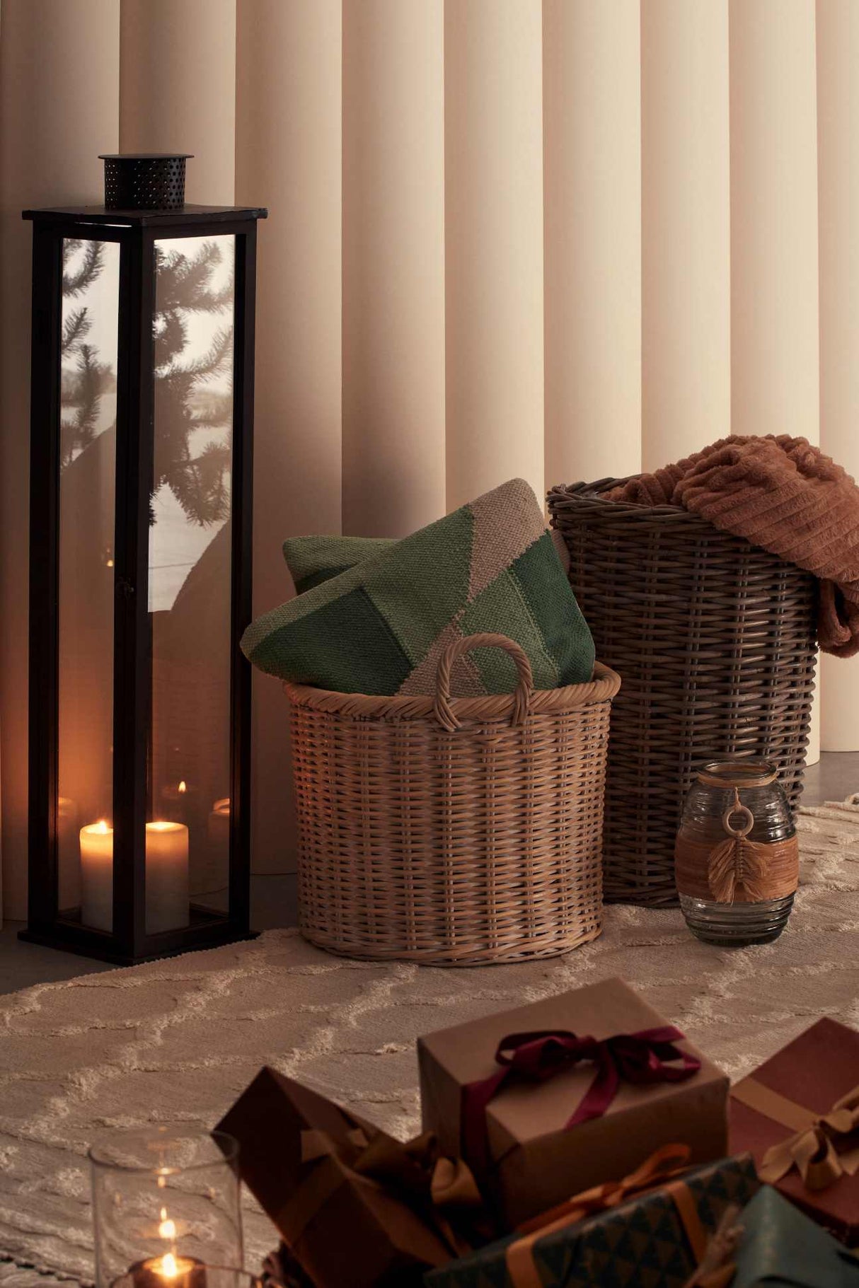 Bizzotto Set of 3 Torsti Lanterns Brown Wood, Glass and Metal