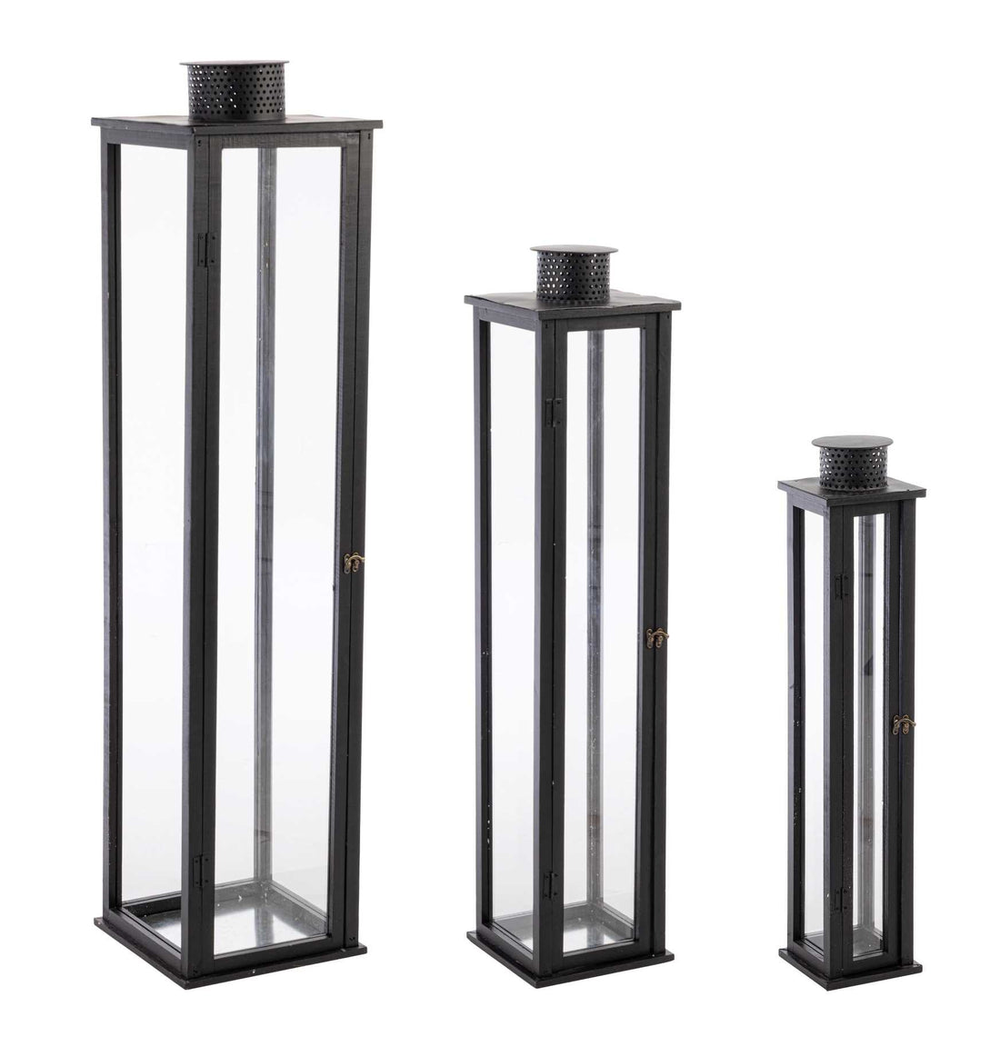 Bizzotto Set 3 Lanterne Torsti Nero Legno, Vetro e Metallo