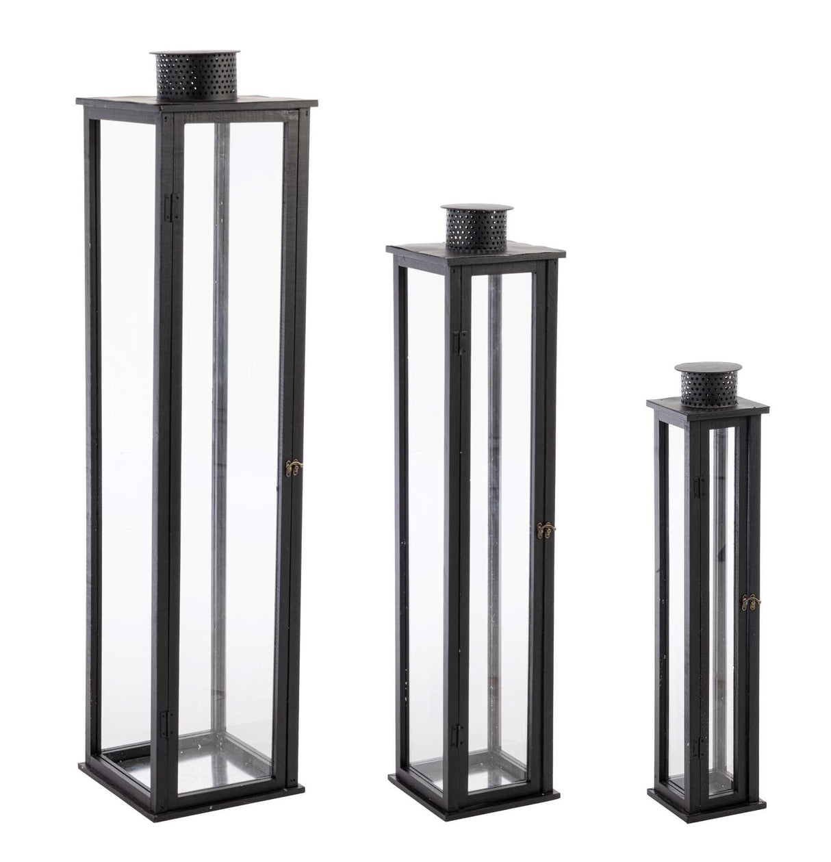 Bizzotto Set of 3 Torsti Lanterns Black Wood, Glass and Metal
