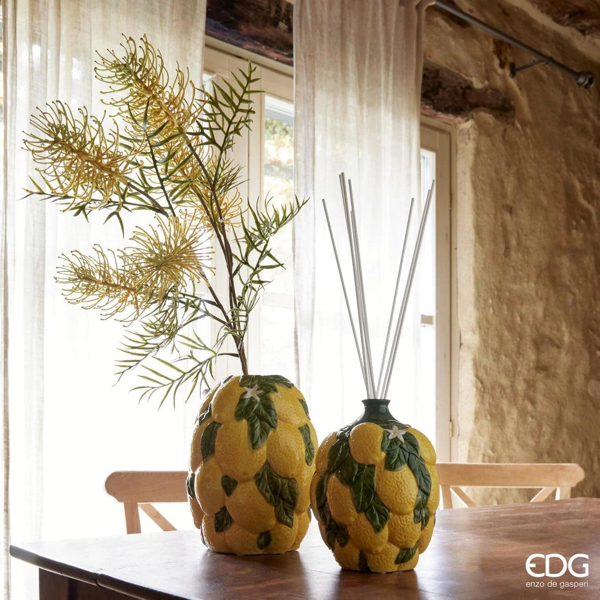 EDG Enzo De Gasperi Lemon Vase with Leaves H 19 Cm D 14 Cm Yellow Green