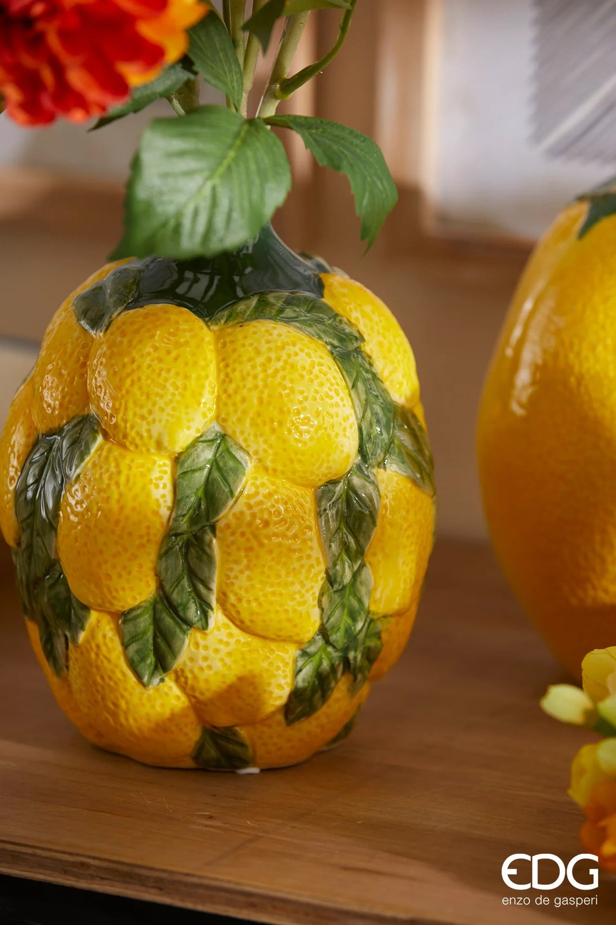 EDG Enzo De Gasperi Lemon Vase with Leaves H 19 Cm D 14 Cm Yellow Green