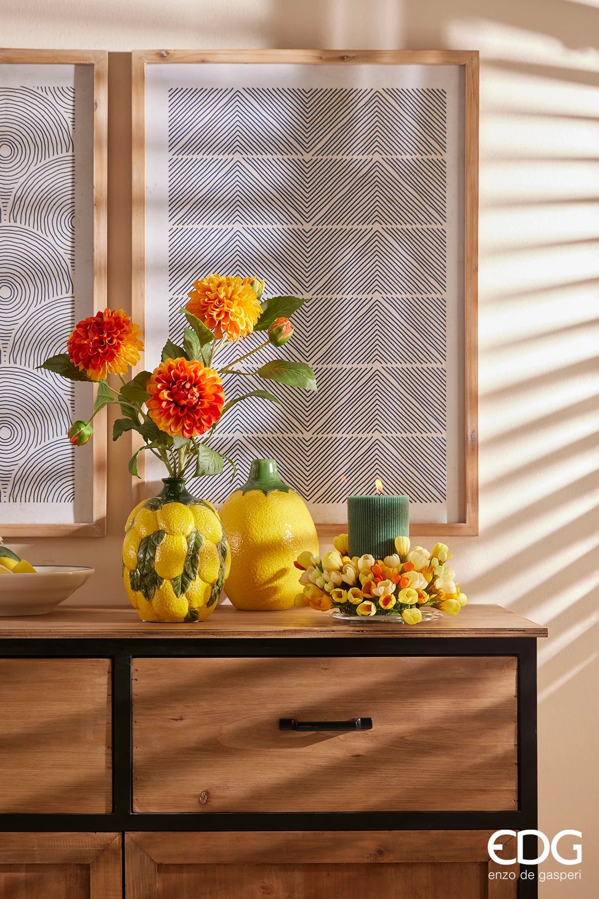 EDG Enzo De Gasperi Lemon Vase with Leaves H 19 Cm D 14 Cm Yellow Green