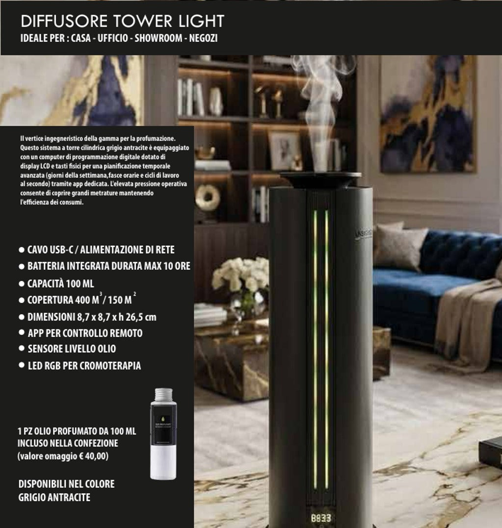 DESSENZE Diffusore di Fragranze ad Alta Pressione Tower Light Grigio Antracite – Profumatore Ambiente Bacche Rosse