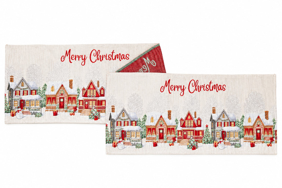 Bizzotto Runner Natalizio Village Bianco 183x33 cm – Centrotavola Decorativo per la Tavola di Natale