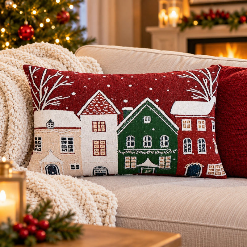 Bizzotto Cuscino Natalizio Snowlyn Paesaggio Rosso 30x50 cm – Cuscino Decorativo di Natale con Fodera e Imbottitura in Poliestere