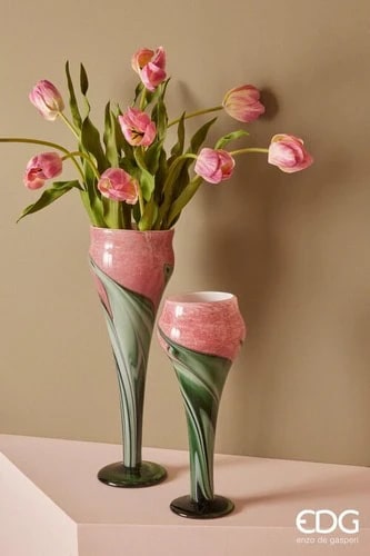 EDG Enzo De Gasperi Tulip Vase with Goblet H 45 Cm D 13 Cm Gift Box Green Pink