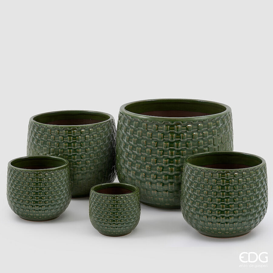 EDG Enzo De Gasperi Vaso Cachepot Bombato a Riquadri Ceramica Verde – Set 5 Pezzi