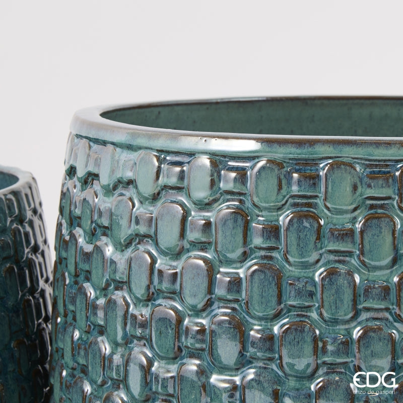 EDG Enzo De Gasperi Vaso Cachepot Bombato a Riquadri Ceramica Teal – Set 5 Pezzi