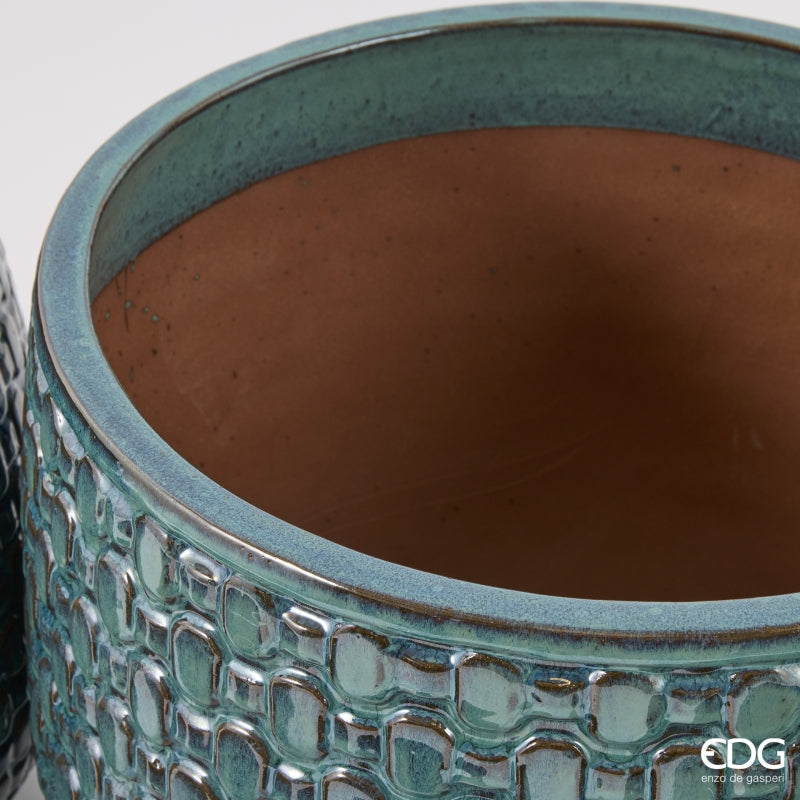 EDG Enzo De Gasperi Vaso Cachepot Bombato a Riquadri Ceramica Teal – Set 5 Pezzi