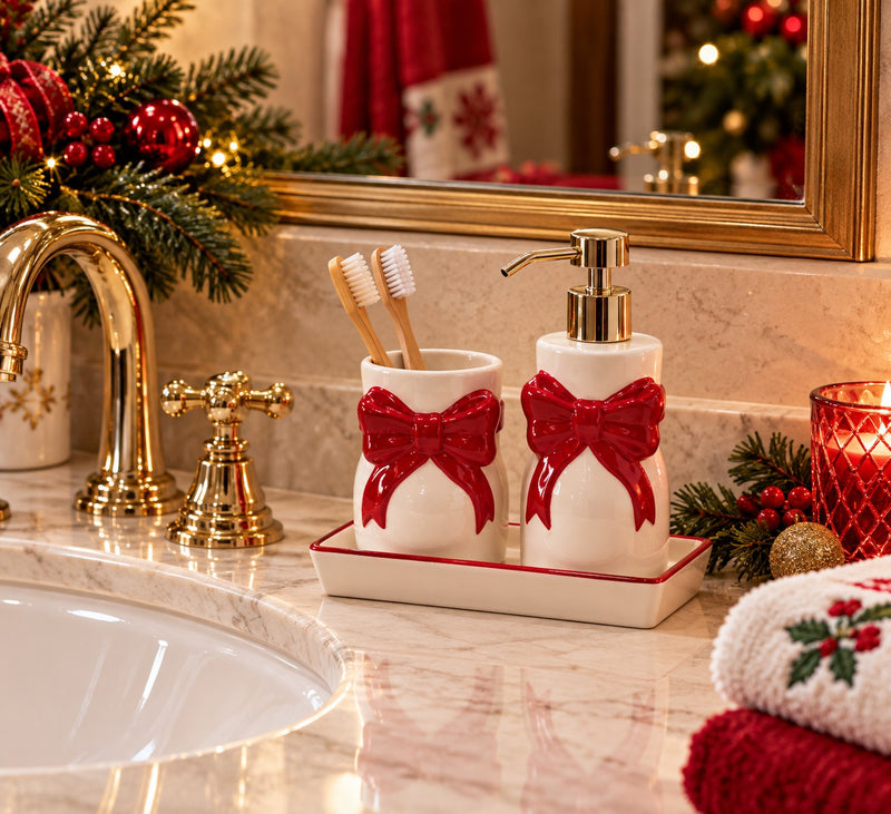 Ad Trend Set Bagno Natalizio 2 Pezzi in Ceramica con Vassoio Assortito 19x10 cm 1 Set – Accessori Bagno di Natale