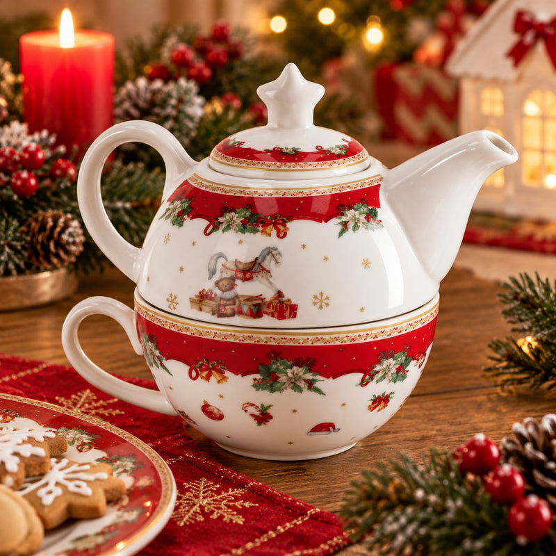 Ad Trend Set Teiera con Tazza Natalizia in Ceramica 420 ml Ø12xH11 cm – Servizio da Tè per la Tavola di Natale