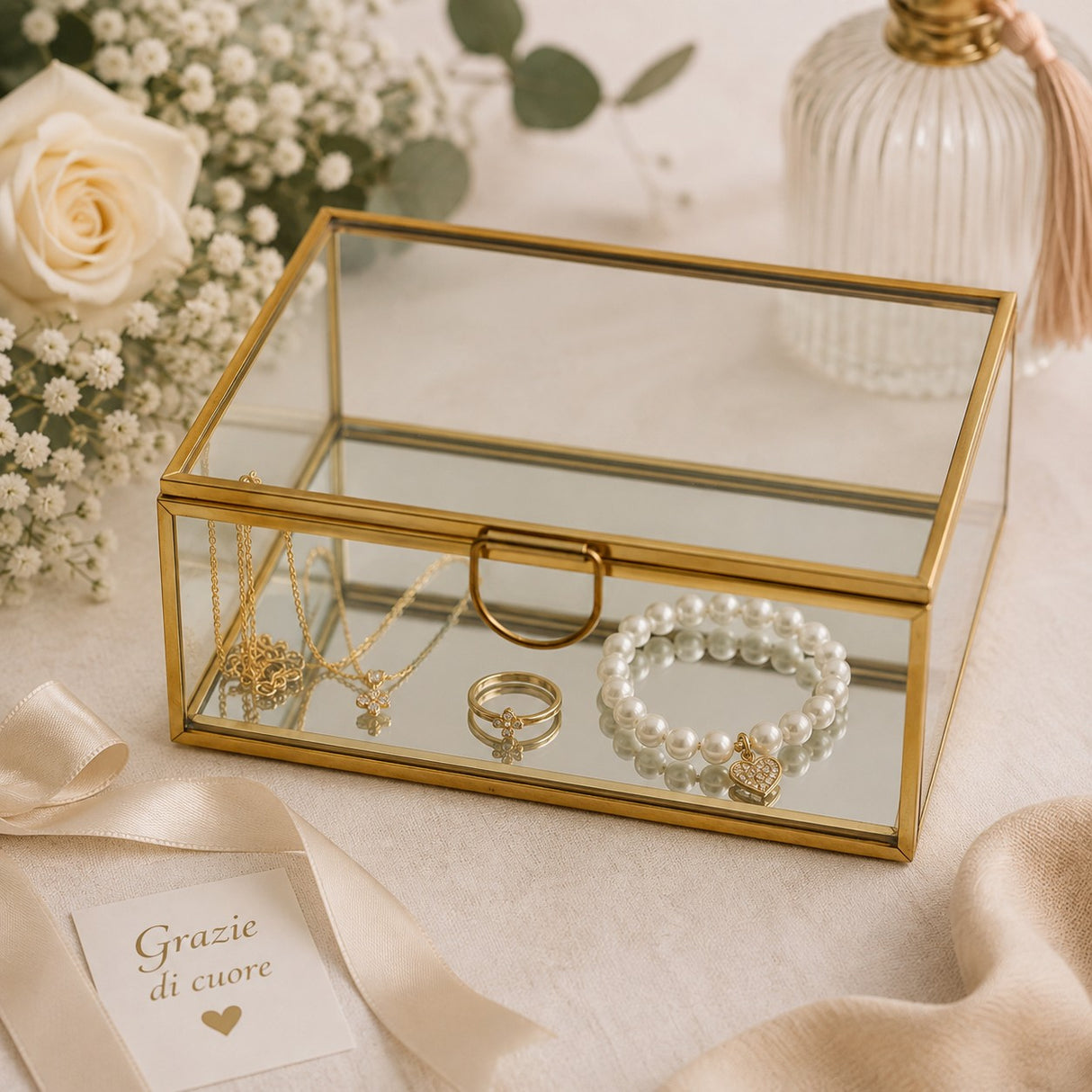 L'Arcolaio Gold Glass Scatola Portagioie Quadrata Grande 5x12x12 cm Elegante Contenitore per Gioielli