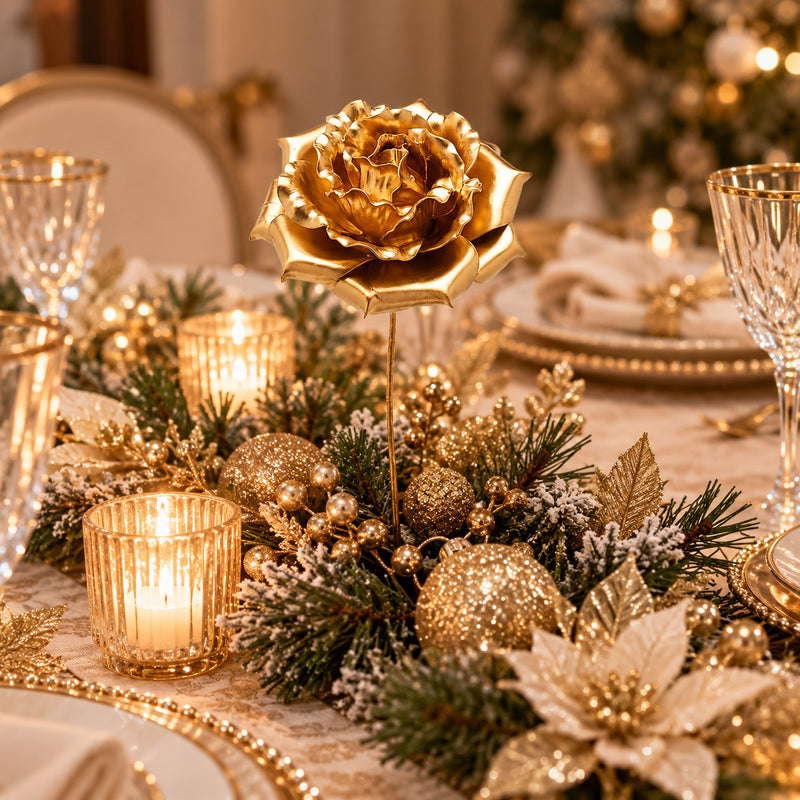 EDG Enzo De Gasperi Rosa Glossy Ramo Gold H60 Ø20 cm – Decoro Floreale di Natale
