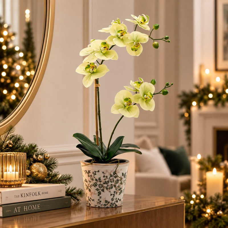 EDG Enzo De Gasperi Orchidea Phalaenopsis x2 con Bocciolo e Vaso Pianta Artificiale H 60 Cm Giallo Verde