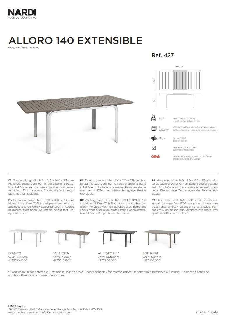 nardi nardi tavolo alloro 140 extensible 140 210 x 100 cm h 73 cm tortora ean 8010352829411