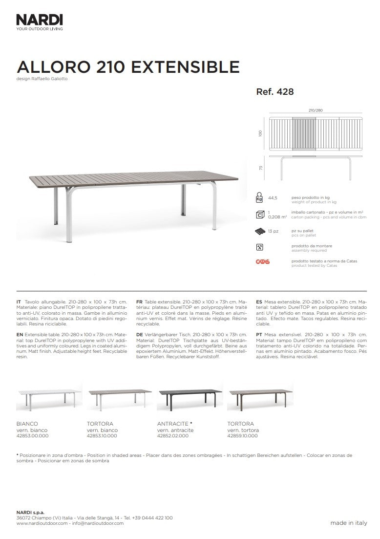 nardi nardi tavolo alloro 210 extensible 210 280 x 100 cm h 73 cm tortora ean 8010352828544