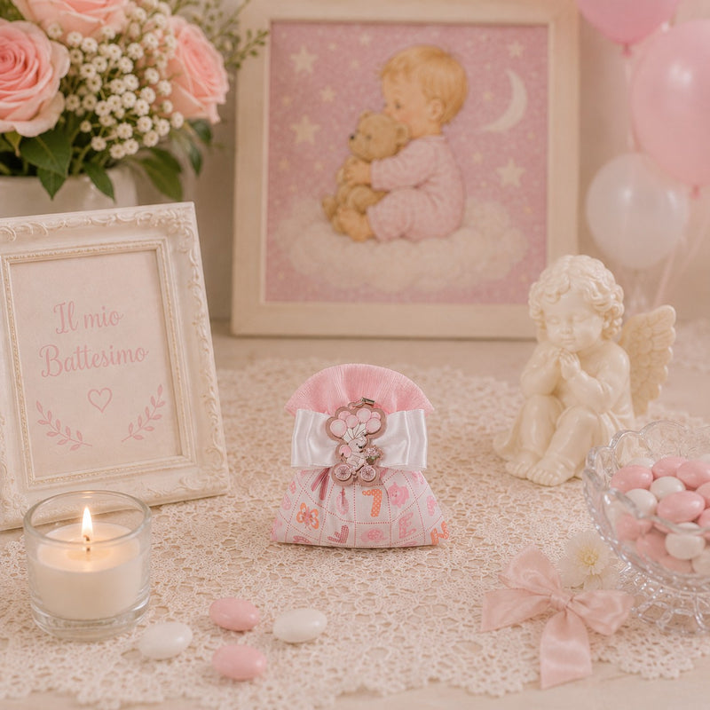 Creazioni per Enzo Sacchetto Bomboniera Baby Letterina Rosa 11x9 cm Portaconfetti Cf 10 pz