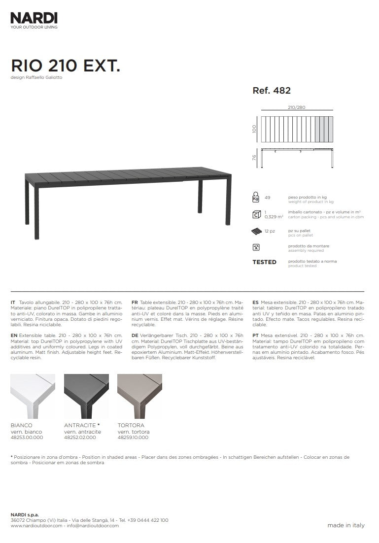 nardi nardi tavolo rio 210 extensible 210 280 x 100 cm h 76 cm alluminio bianco