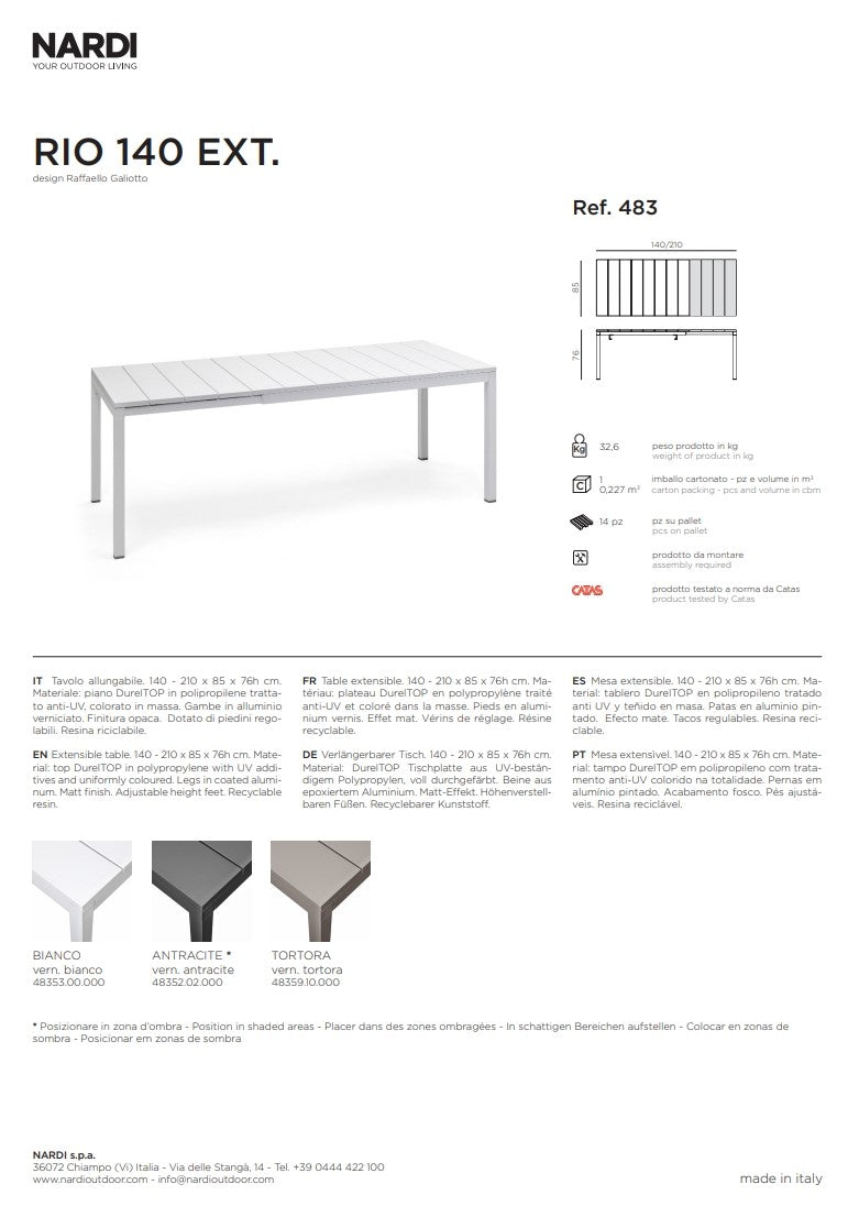 nardi nardi tavolo rio 140 extensible 140 210 x 85 cm h 76 cm alluminio antracite ean 8010352828643