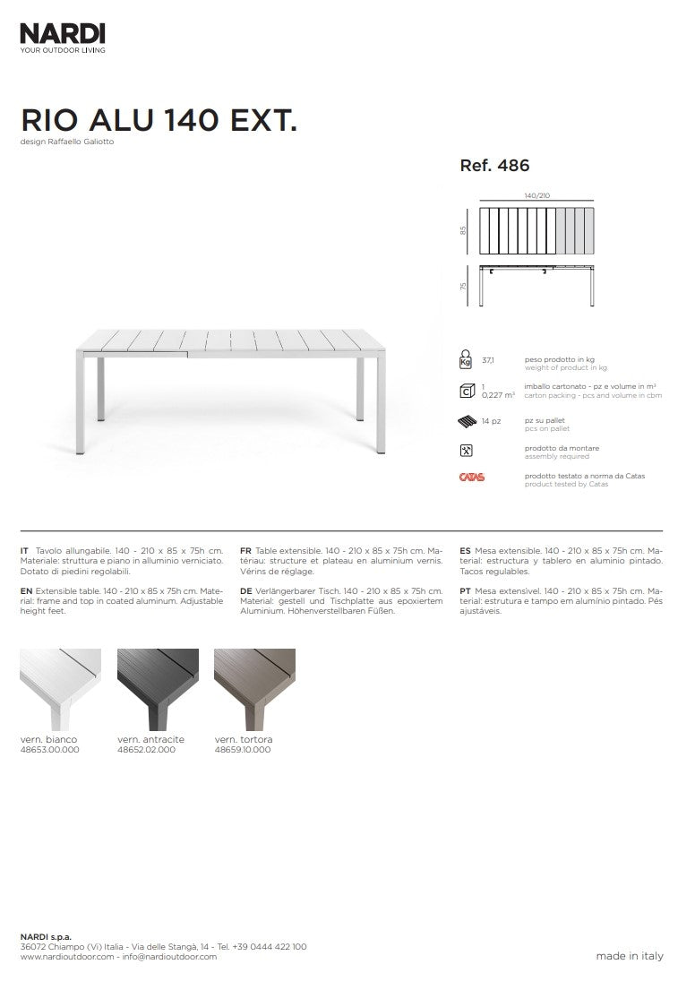 nardi nardi tavolo rio alluminio 140 extensible 140 210 x 85 cm h 75 cm tortora ean 8010352832954