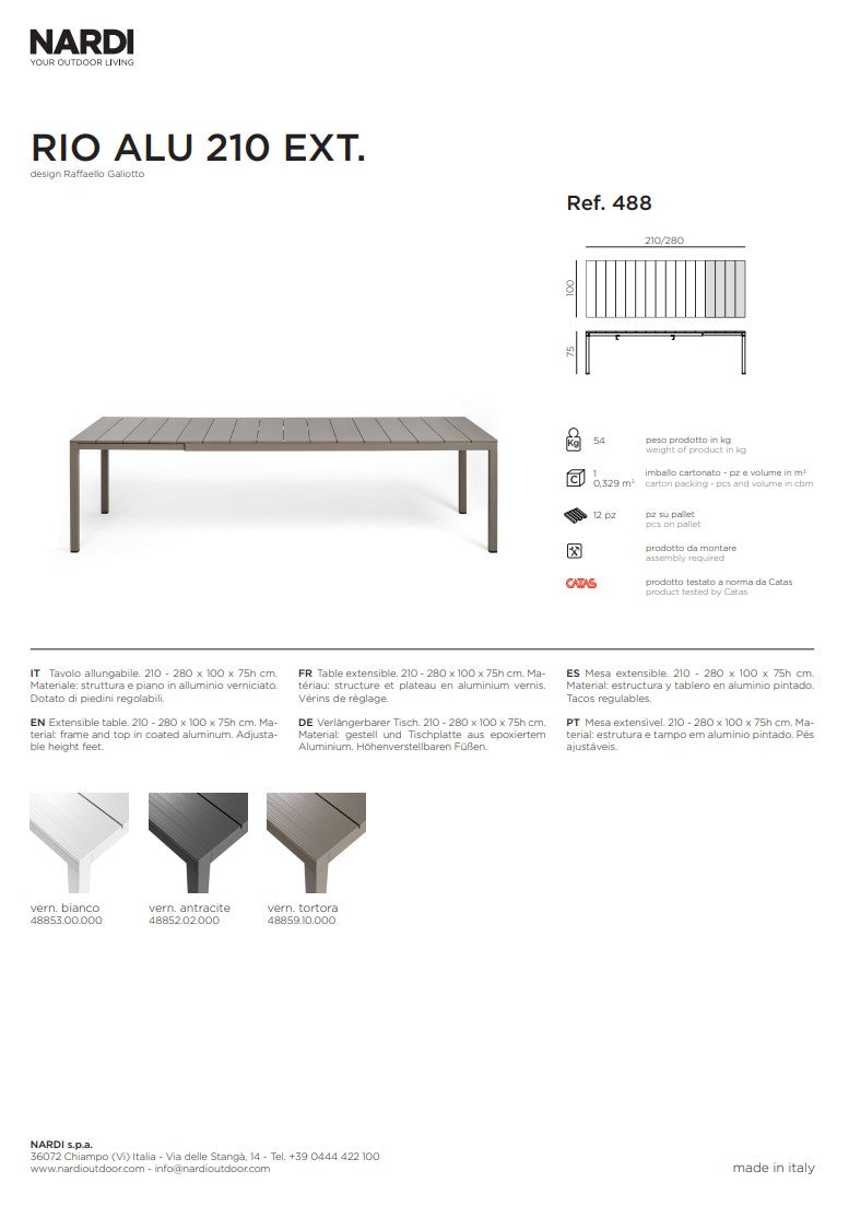 nardi nardi tavolo rio alluminio 210 extensible 210 280 x 100 cm h 75 cm bianco ean 8010352833203