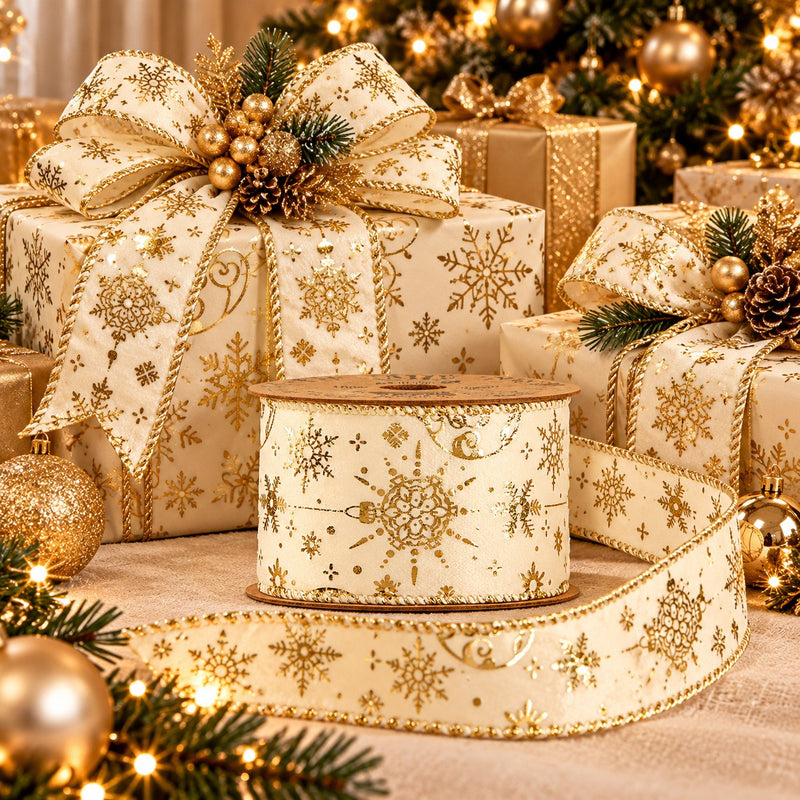Piovaccari Nastro Natalizio Gold Baubles 63 mm x 10 m – Nastro Decorativo con Palline di Natale Dorate per Albero, Fiocchi e Confezioni Regalo