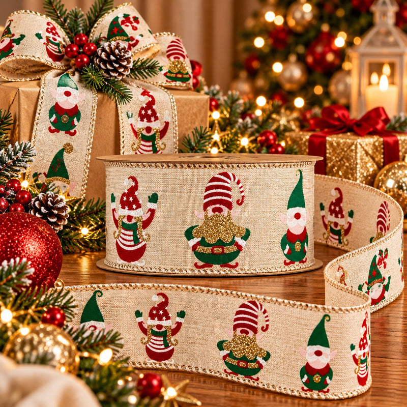 Piovaccari Nastro Natalizio Elfs 63 mm x 10 m – Nastro Decorativo con Elfi di Natale per Albero, Fiocchi e Confezioni Regalo