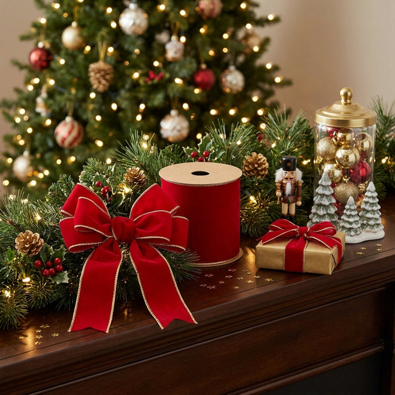 Piovaccari Nastro Double Sides Velvet & Glitter Rosso 100 mm x 10 m – Nastro Natalizio in Velluto e Glitter per Albero di Natale, Fiocchi e Confezioni Regalo