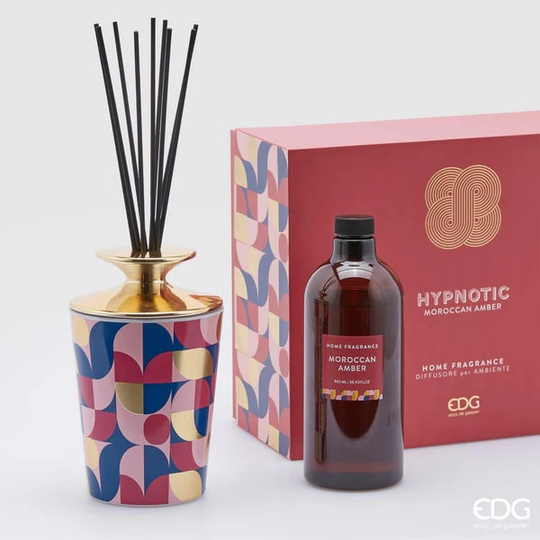 EDG Enzo De Gasperi Enzo de Gasperi Profumatore per Ambienti casa con Bastoncini, Bottiglia in Ceramica Lucida Hypnotic Midnight Garden 900ml 4 Varianti Moroccan Amber