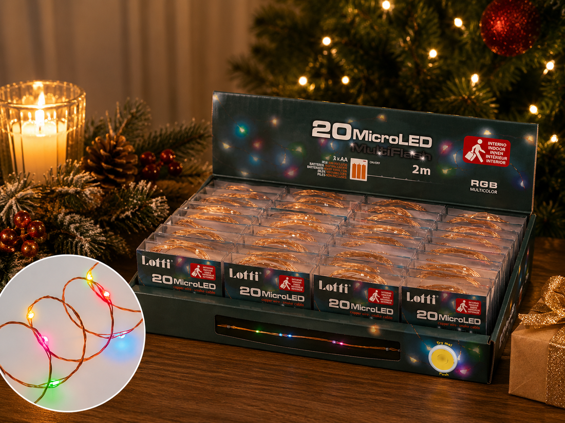 Lotti Catena Natale 20 Micro Led Rgb 2 Mt 3 x AA Scatola Pvc