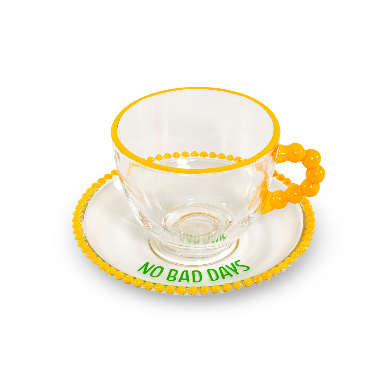 WD LifeStyle Set 2 Tazze 230 Ml in Vetro con Piattino Decorazione "Good energy only" e No bad days" Giallo Verde