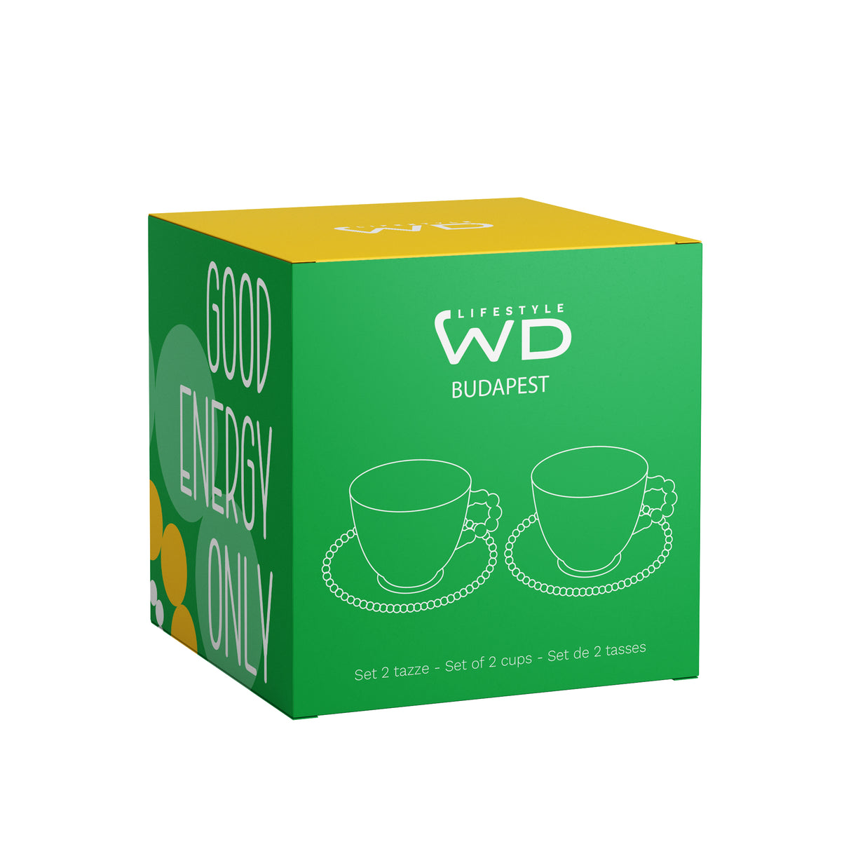 WD LifeStyle Set 2 Tazze 230 Ml in Vetro con Piattino Decorazione "Good energy only" e No bad days" Giallo Verde