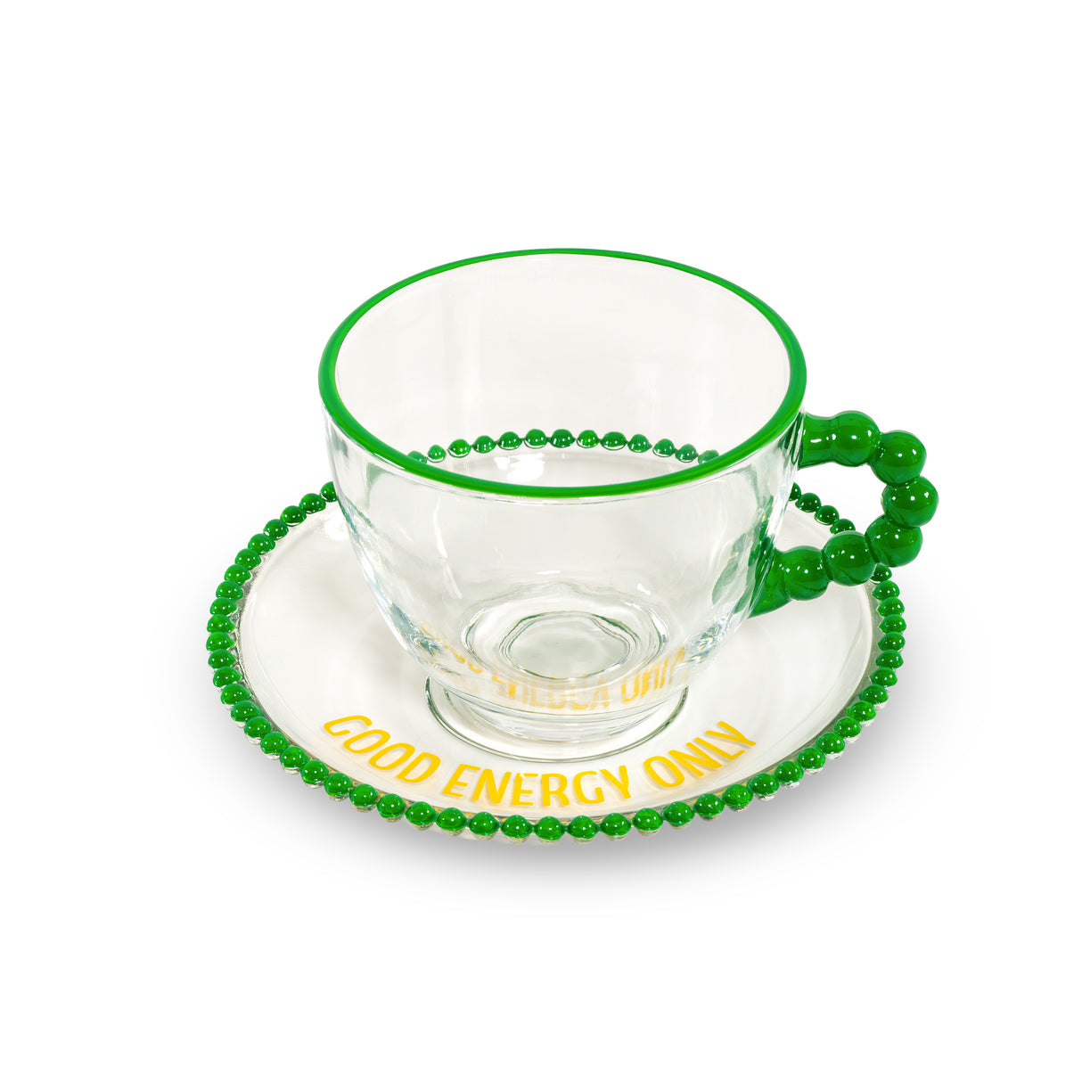 WD LifeStyle Set 2 Tazze 230 Ml in Vetro con Piattino Decorazione "Good energy only" e No bad days" Giallo Verde