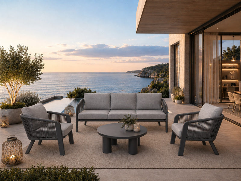 Moia Greenwood Set Salottino SANTA CRUZ in Alluminio Antracite e Corda Grigia – 2 Poltrone, Divano 3 Posti e Tavolino