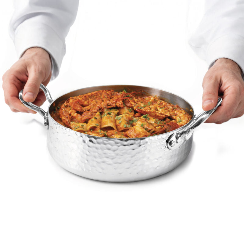 AGNELLI Casseruola Bassa Martellato Aluinox 3 Ply 24x9,5 Cm con 2 Maniglie in Acciaio Inox