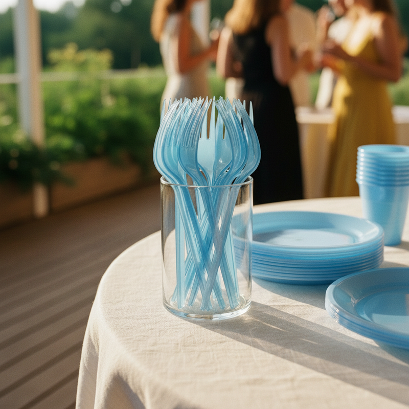 Posate riutilizzabili per picnic ed eventi: forchette Dopla Compact azzurro, 15 pz, lavabili e resistenti. Pratiche e sostenibili.