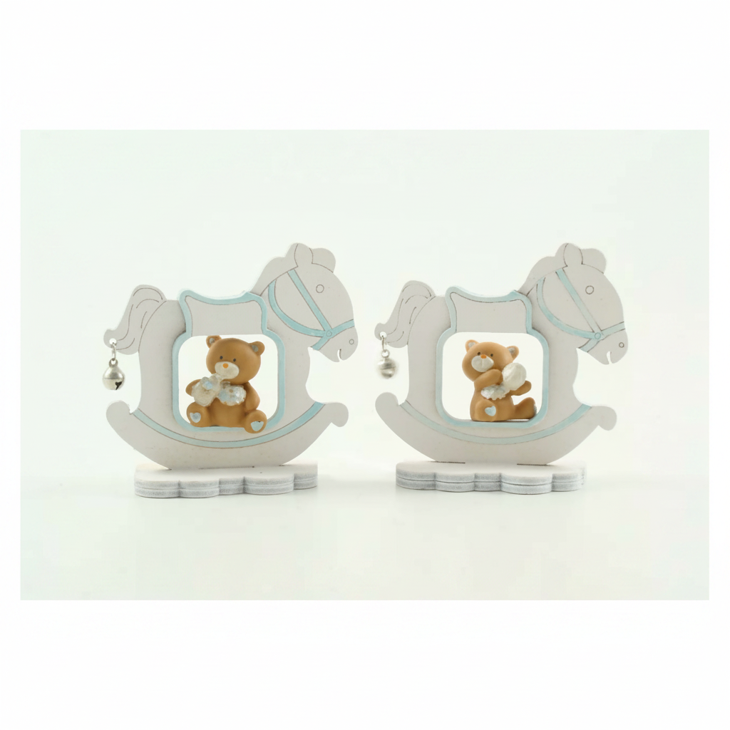 Orsetto cavalluccio in resina cielo Etm 9 cm: bomboniera nascita maschietto in conf. da 12 pz. Decorativo e duraturo.