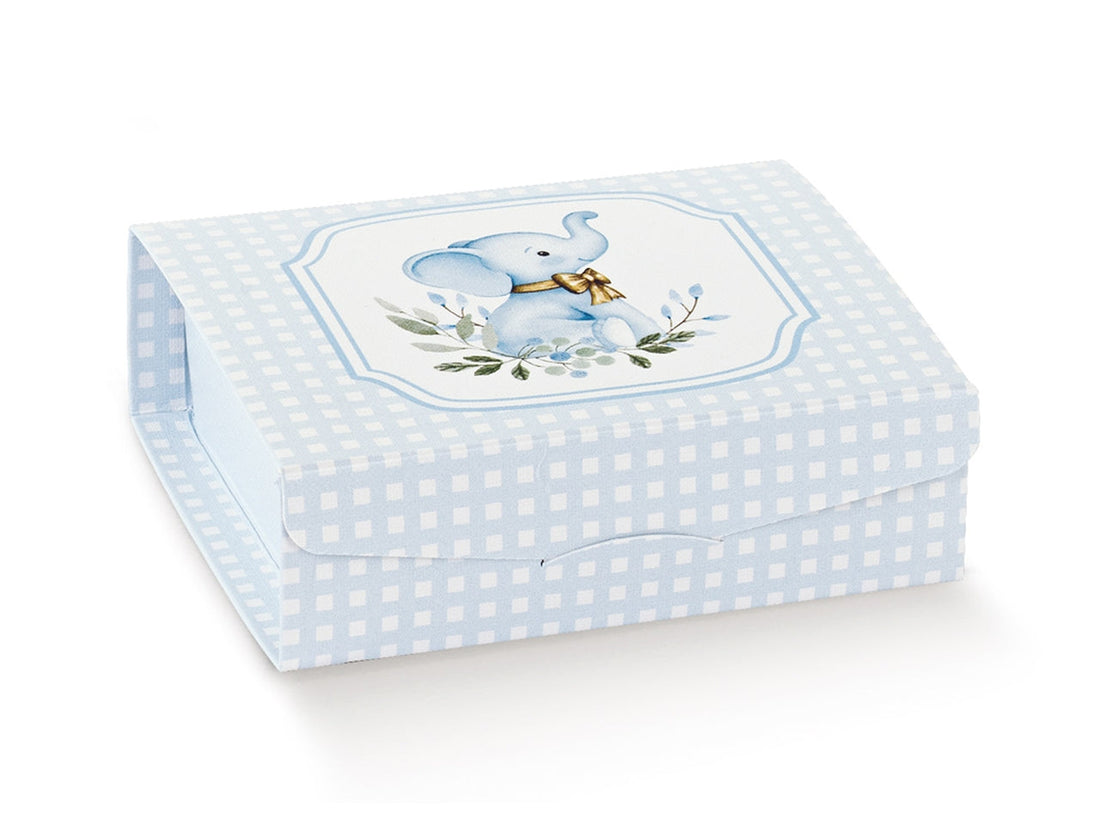 Scatola gift Scotton elefantino azzurro cartoncino 7×7×3cm CONF 10 PZ- Bomboniera piatta battesimo maschio e baby shower ean 8007402366293