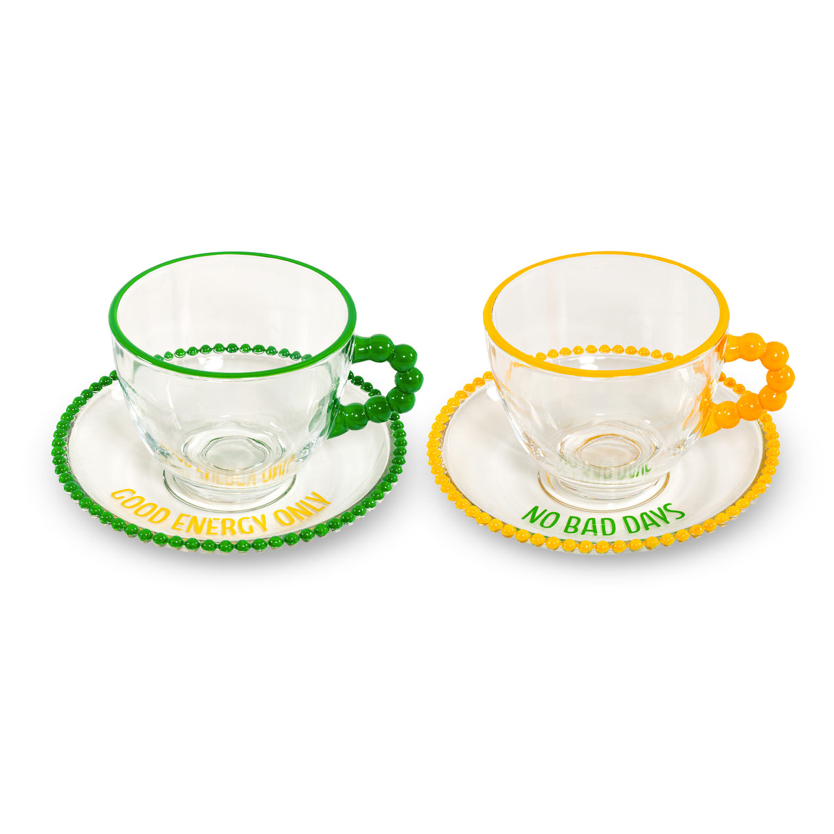 wd lifestyle wd lifestyle set 2 tazze 230 ml in vetro con piattino decorazione good energy only e no bad days giallo verde ean 8055035684994