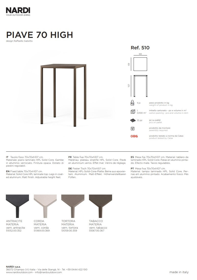 nardi nardi piave 70 high tavolo quadrato verniciato tabacco lamin materia tabacco ean 8010352555860