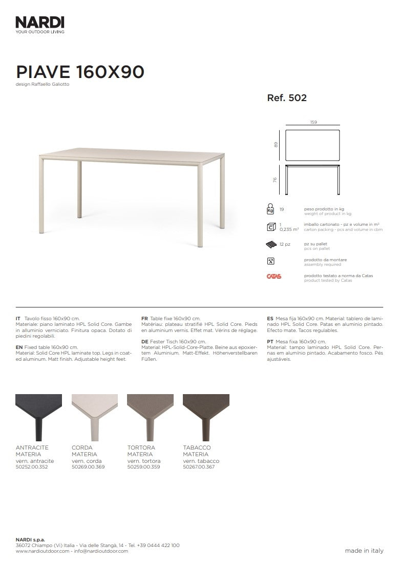 nardi nardi piave 160 x 90 tavolo rettangolare verniciato tortora lamin materia tortora ean 8010352555594