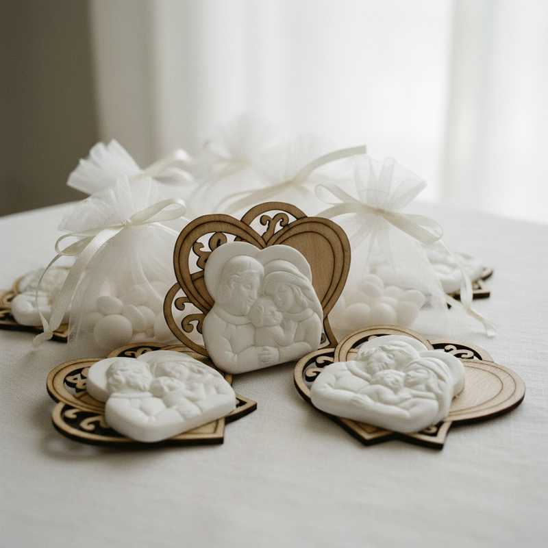 Cuore legno Etm con Sacra Famiglia gesso 5,5cm, conf. 12 pz. Bomboniera religiosa per Comunione, Cresima e battesimo. ean 8055515537611