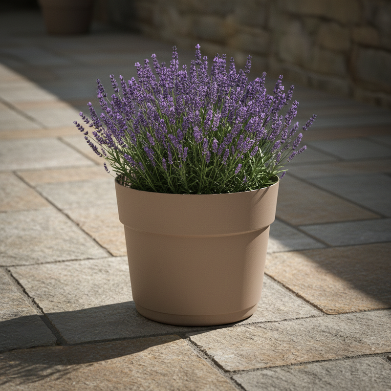 Vaso da esterno rotondo in plastica riciclata 100%, Ø34×H28 cm, colore Sand Sabbia. TeraPlast Bloom 34, −30°/+60°C, compensa CO₂. ean-8051560268036
