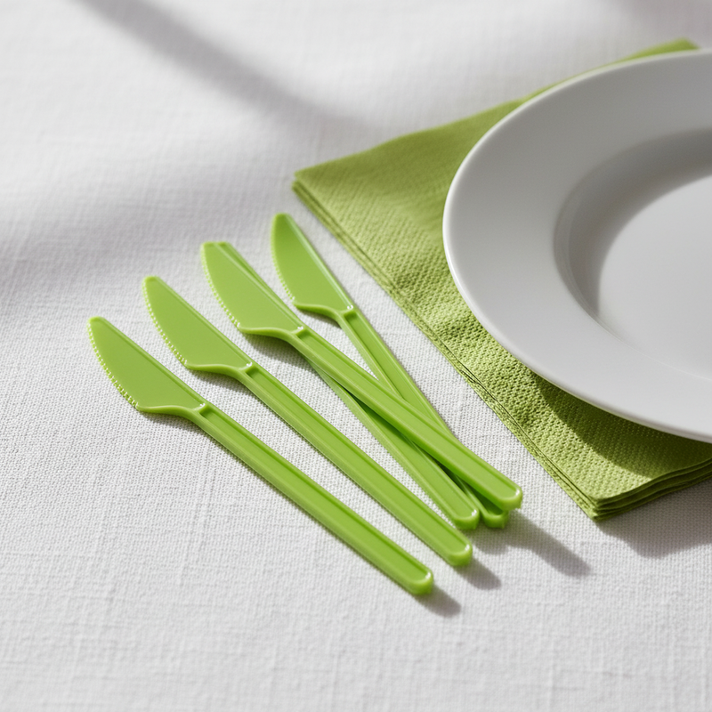 Coltelli monouso verde acido Dopla in plastica alimentare, conf. 20 pz: igienici, pronti all'uso. Ideali per feste, picnic e catering.