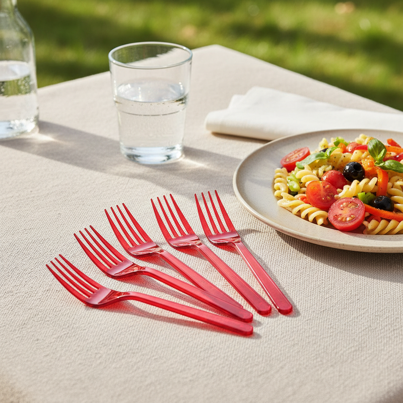Posate riutilizzabili per feste ed eventi: forchette Dopla Compact rosse, 18 cm, PS, lavabili in lavastoviglie, 15 pz. Pratiche e sostenibili.
