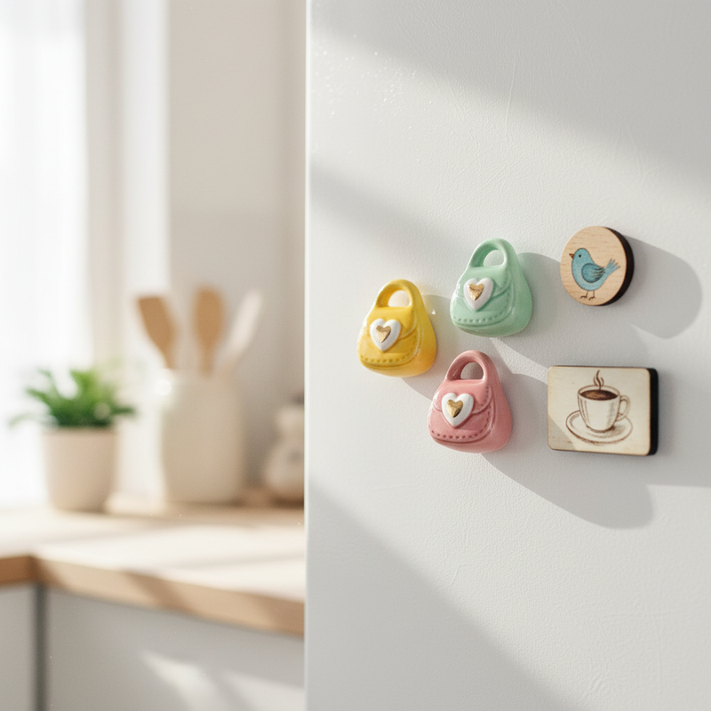 Decora il frigo con il magnete borsetta Etm in porcellana, H.6 cm, 3 colori assortiti. Bomboniera e regalo originale.