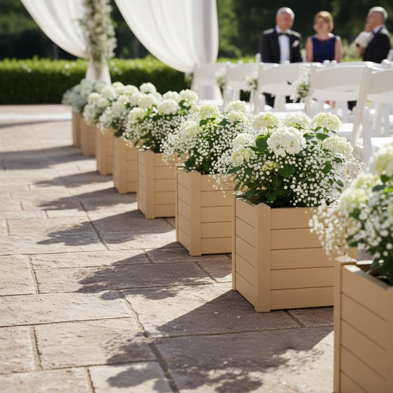 Fioriera quadrata bassa in resina UV per terrazza e giardino. TeraPlast Trama 001 Almond, 42×42×H40 cm, –30°/+60°C, 100% riciclabile ean-8051560244191