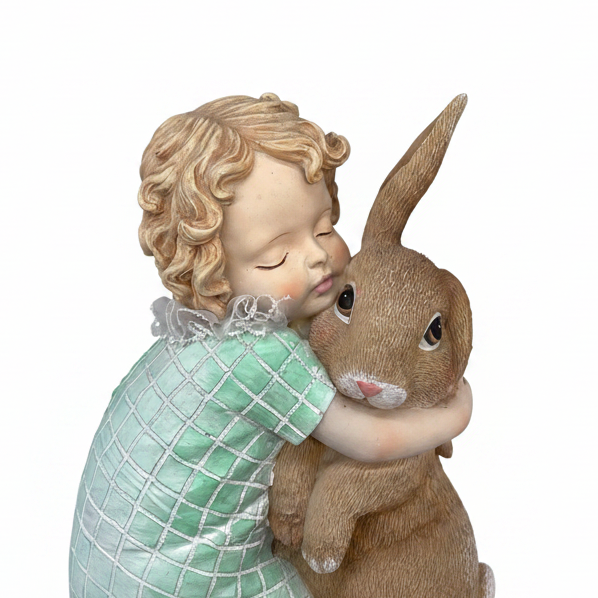 Decora casa con la statuina Arpimex Bimba con Coniglio Verde, resina 16×10 H 21 cm. Perfetta per Pasqua e complementi arredo. ean 8018318689680
