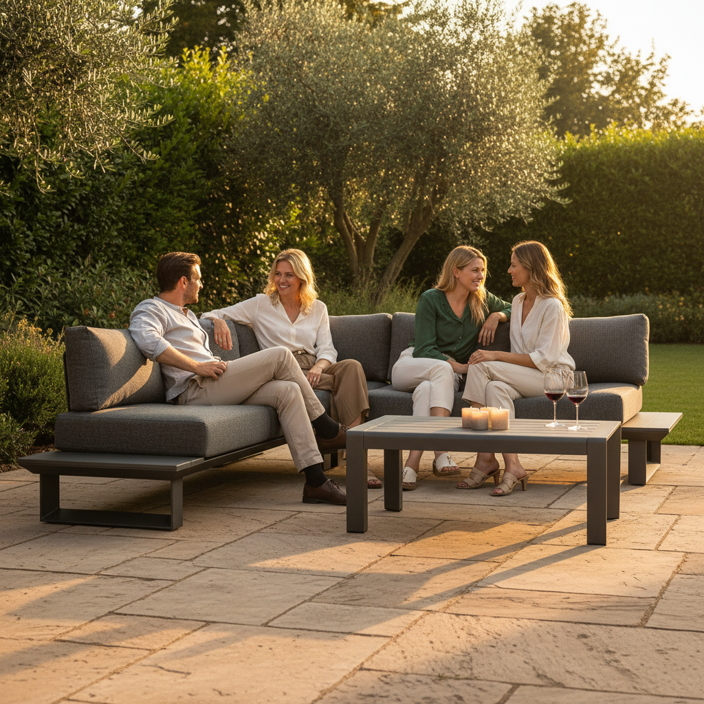 Konnor Eckmodell Anthrazit – Garten am Abend