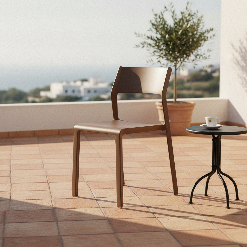Stuhl „Trill Bistrot“ in Tabakfarbe auf der Terrasse